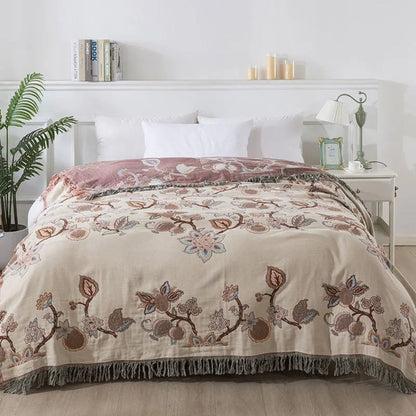 Floral Cotton Bed Blanket with Tassels - Orchid Trail Design