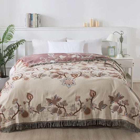 Floral Cotton Bed Blanket with Tassels - Orchid Trail Design