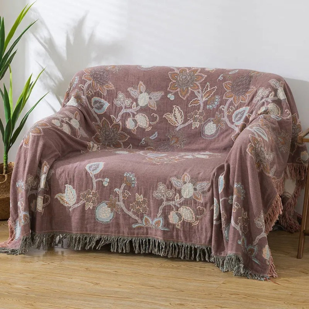 Floral Cotton Bed Blanket with Tassels - Orchid Trail Design