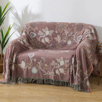Floral Cotton Bed Blanket with Tassels - Orchid Trail Design