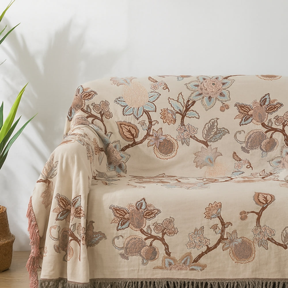 Floral Cotton Bed Blanket with Tassels - Orchid Trail Design