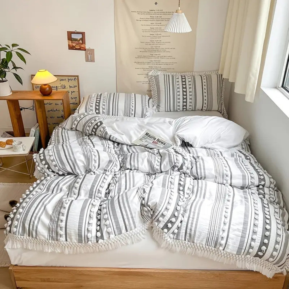 Ensemble de couette à rayures avec pompons doux - Ensemble de literie 3 pièces pour une décoration intérieure cosy