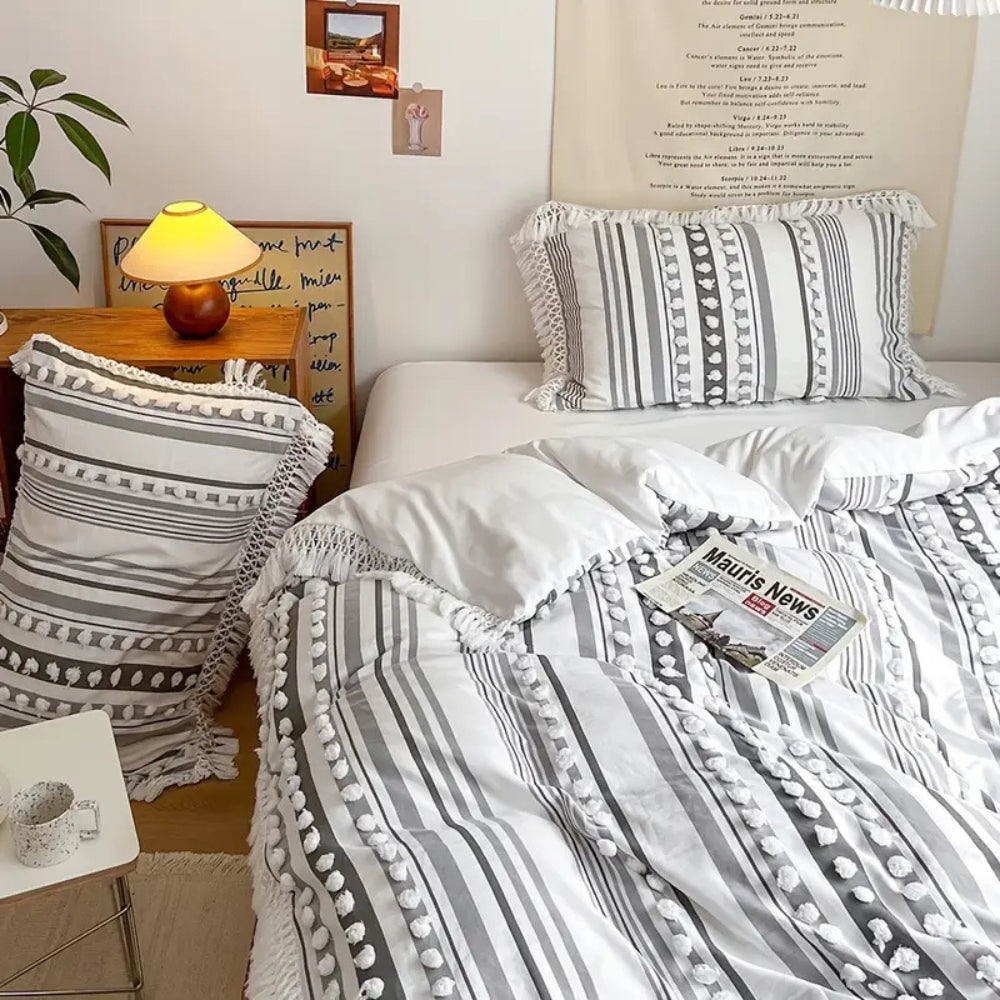 Ensemble de couette à rayures avec pompons doux - Ensemble de literie 3 pièces pour une décoration intérieure cosy