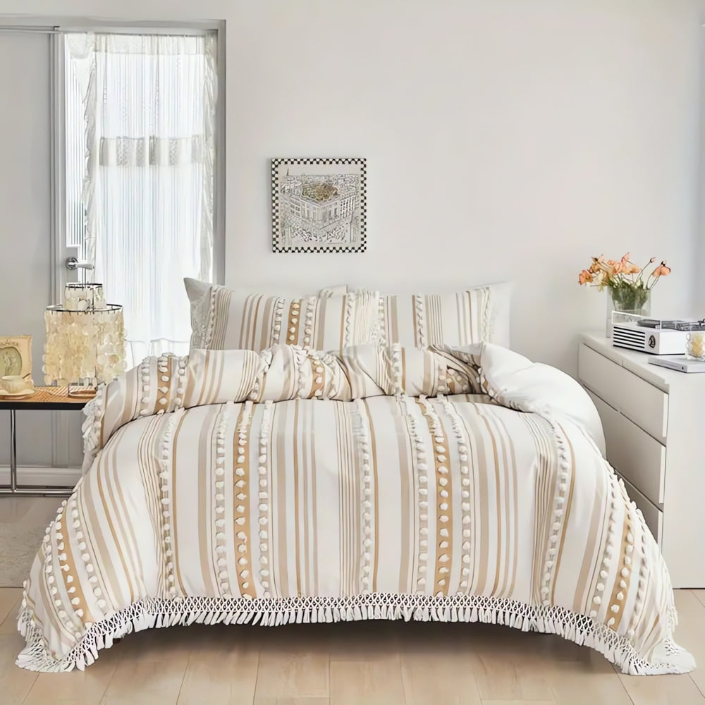 Ensemble de couette à rayures avec pompons doux - Ensemble de literie 3 pièces pour une décoration intérieure cosy