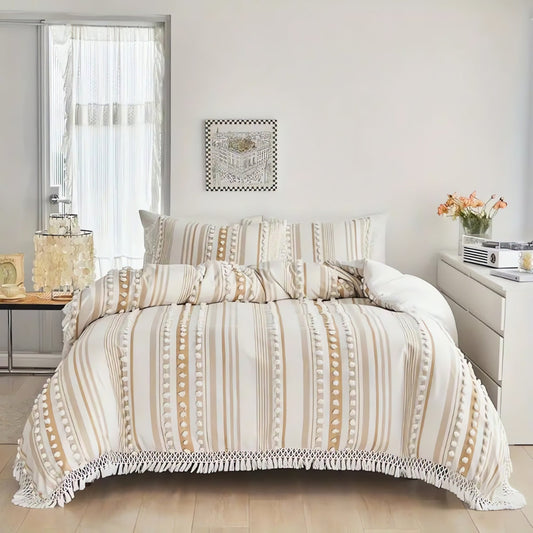 Soft Stripe Tassel Quilt Set - 3 Piece Bedding Set for Cozy Home Decor