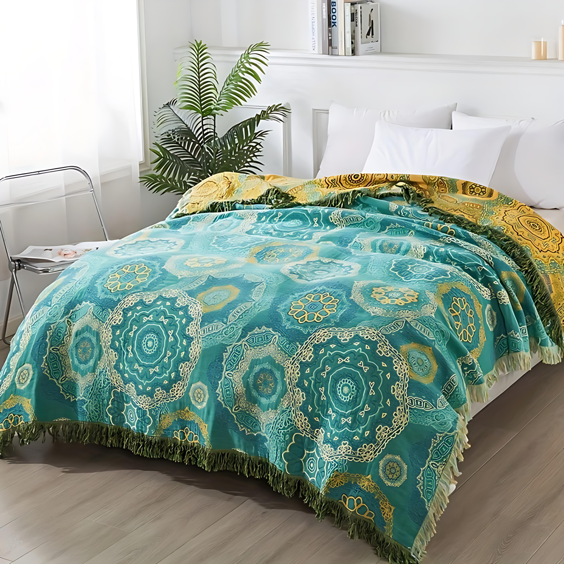 Teal Mandala Baumwollwurfdecke für alle Jahreszeiten - Gemütlich und stilvoll