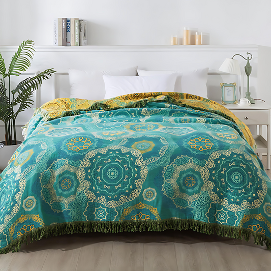 Teal Mandala Cotton Throw Blanket for All Seasons - Cozy & Stylish