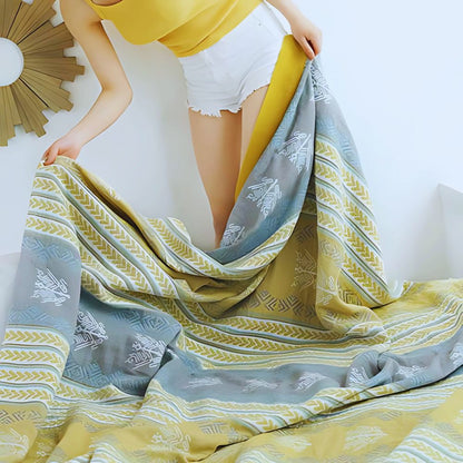 Reversible Cotton Throw Blanket - Cozy Wheatfield Dreams Design