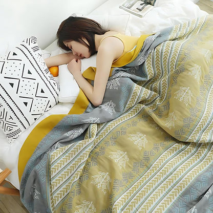 Reversible Cotton Throw Blanket - Cozy Wheatfield Dreams Design