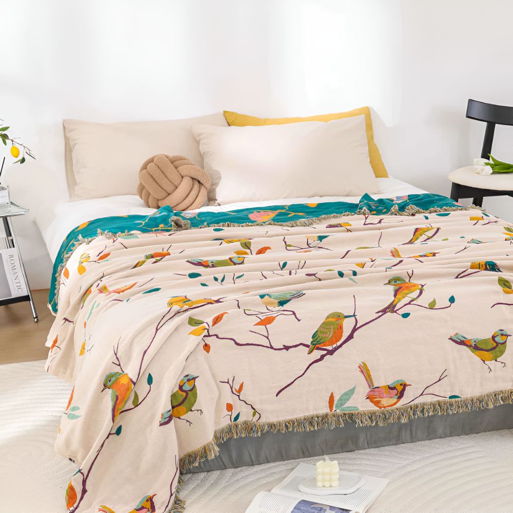 Gemütliche Vogelprint Baumwollquasten-Decke für Wohnkultur & Geschenke
