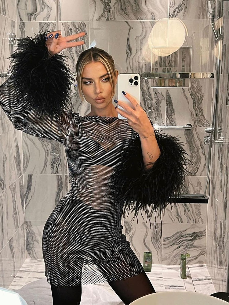 Damen Sichtbares Funkelndes Partykleid mit Federärmeln