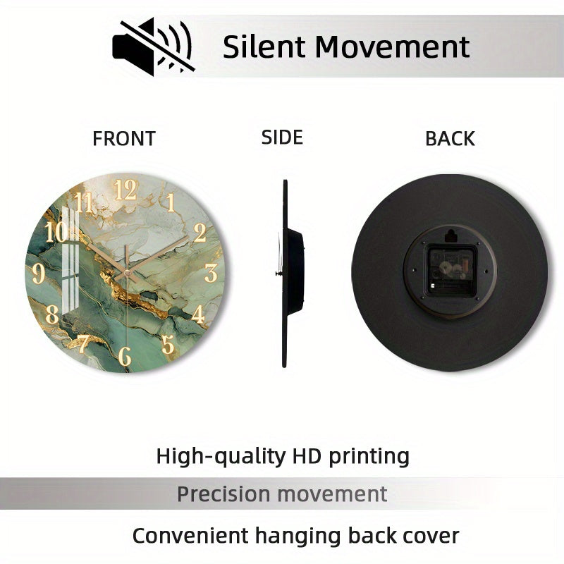 Abstract Marble Wall Clock | Silent Wooden Round Clock with Gold Accents