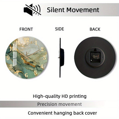 Abstract Marble Wall Clock | Silent Wooden Round Clock with Gold Accents