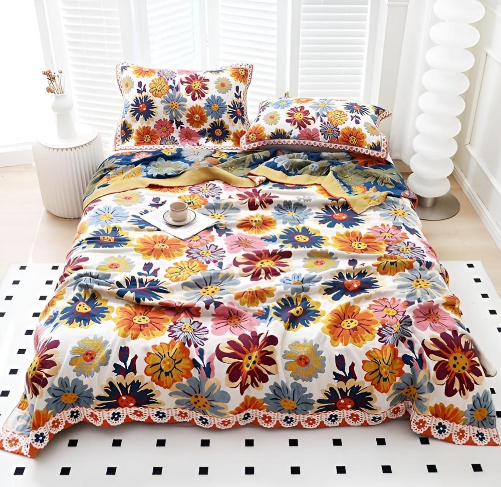Cozy Floral Cotton Throw Blanket for Home Decor and Comfort
