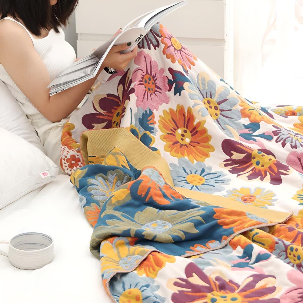 Cozy Floral Cotton Throw Blanket for Home Decor and Comfort