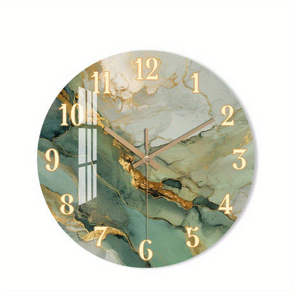 Abstract Marble Wall Clock | Silent Wooden Round Clock with Gold Accents