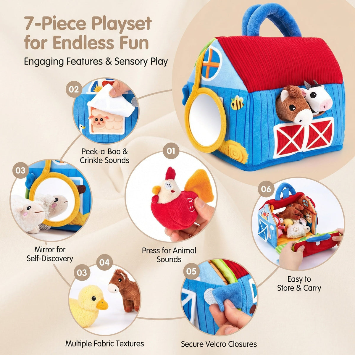 Plush Farm Animal Sound Play Set with Mat, 7 Pieces