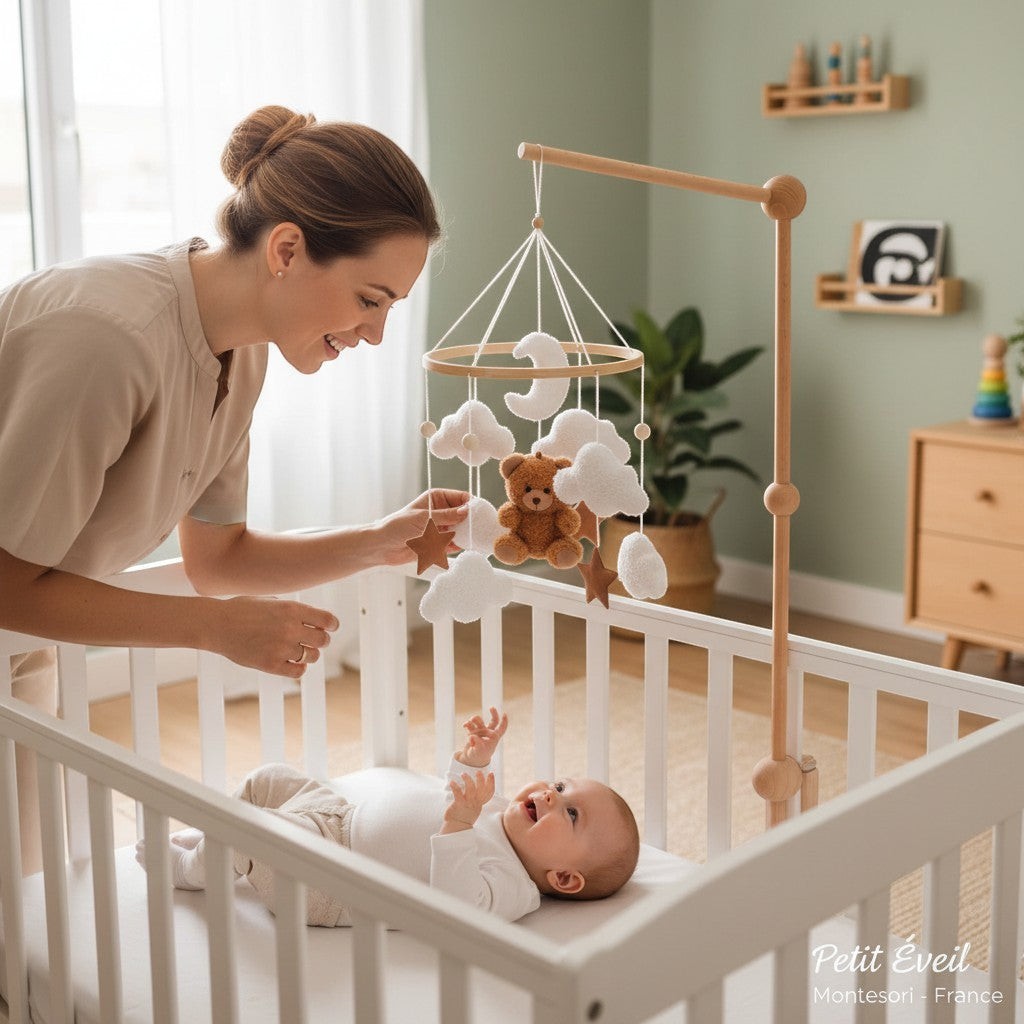 Wooden Musical Baby Mobile with Bear, Clouds and Stars