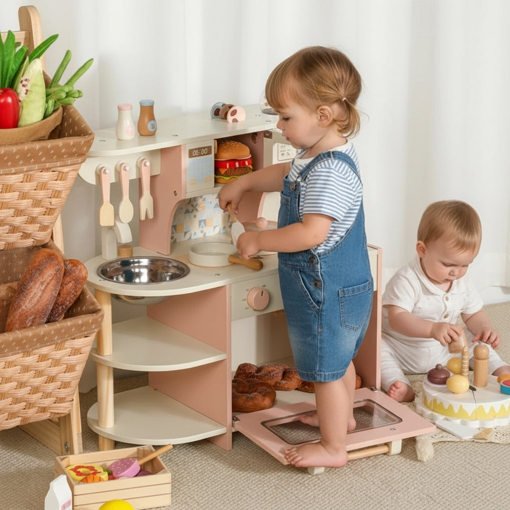 Wooden Kids' Play Kitchen with Oven, Microwave and Sink