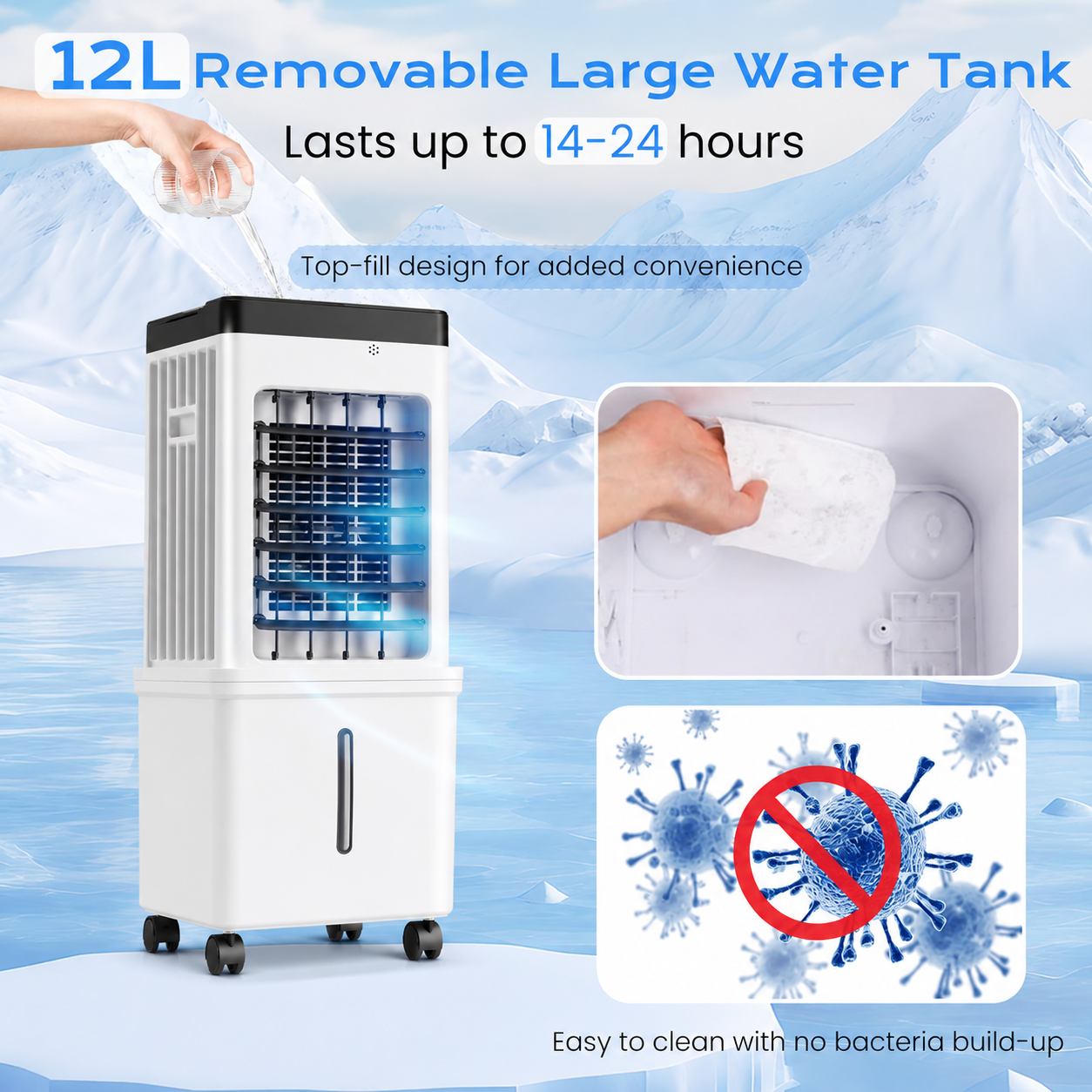 12L Portable Evaporative Air Cooler with Remote & 24-Hour Timer